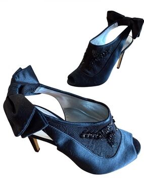 BCBG GENERATION COURTNEY SLINGBACK 4” BLACK SATIN HEELS BEADED EMBELLISHMENTS 7M